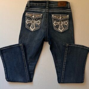 T&Y Fashion Jeans Size 9/10 Bootcut Blue Denim Embellished Pockets Y2K